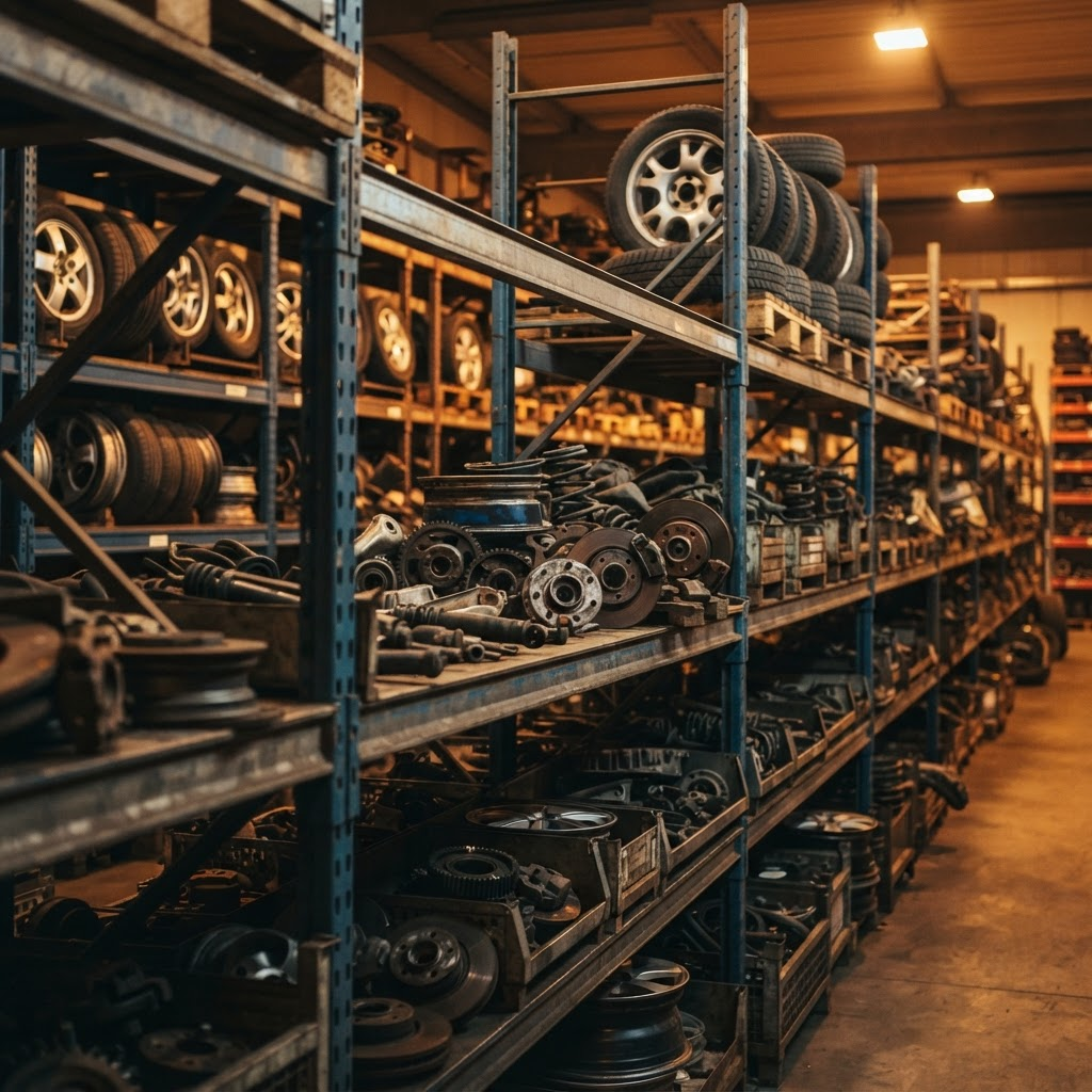 Shelving of used automotive parts and wheels organized in the SZS Mechanical workshop