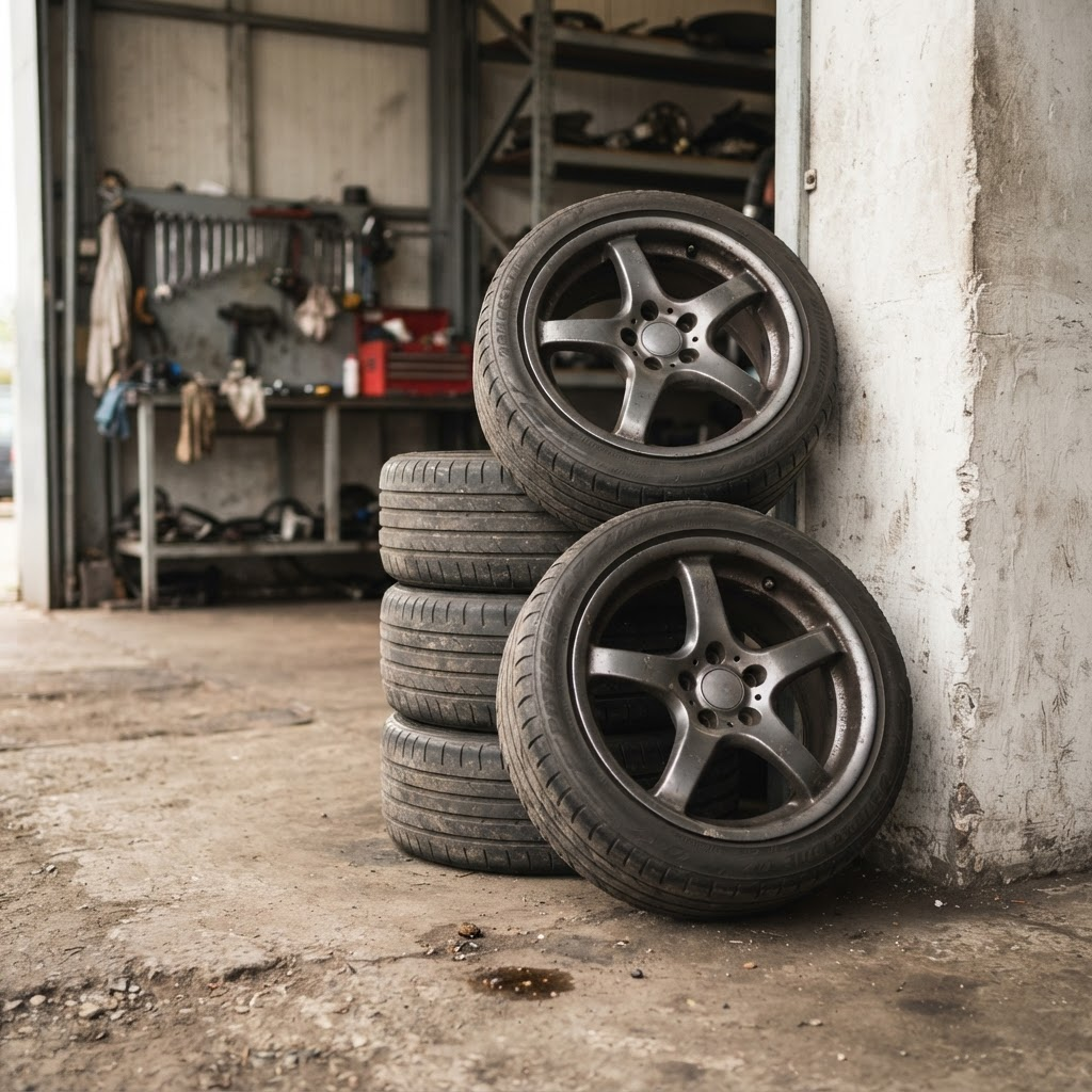 Stack of used wheels and tyres at the SZS Mechanical workshop